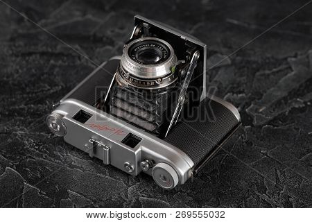 Moscow, Russia, January 03, 2018. The Old Soviet Medium Format Rangefinder Camera Iskra, Released196