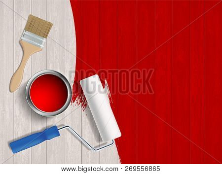 Paint Roller, Paint Brush And A Bucket On A Wooden Table. Construction Tools. Vector Illustration.