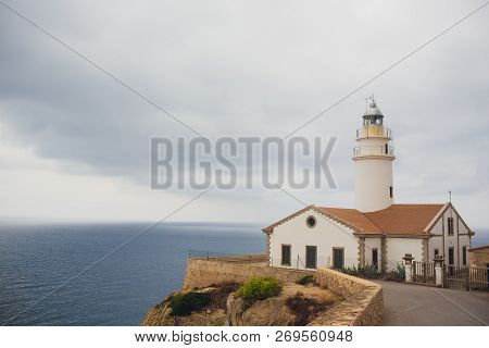 Lighthouse And Viewpoint Cap De Formentor. Tourist Attraction. Mallorca Island Coast In The Evening.
