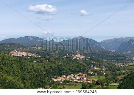 Panoramic View Of The Umbrian Hills And Two Medieval Towns On Them (collestatte And Torreorsina) Umb