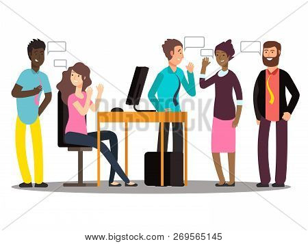 International Creative Team Have Conversation. Businesspeople At Work Vector Illustration. Business 