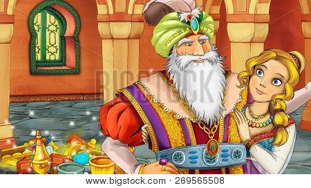 Cartoon Scene With Medieval Arabic Room With Treasures And Prince Or King - Far East Ornaments - The