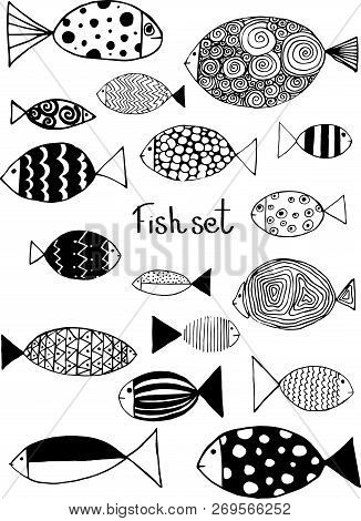 Illustration With Fishes. Funny Fish Outline Art.