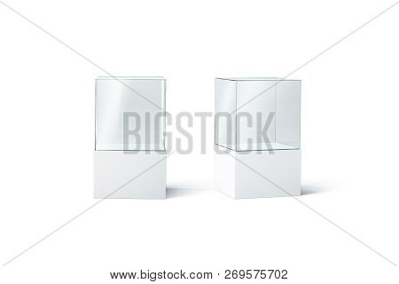 Blank White Glass Showcase Mockup Set, Front And Side View, 3d Rendering. Empty Museum Or Shop Vitri