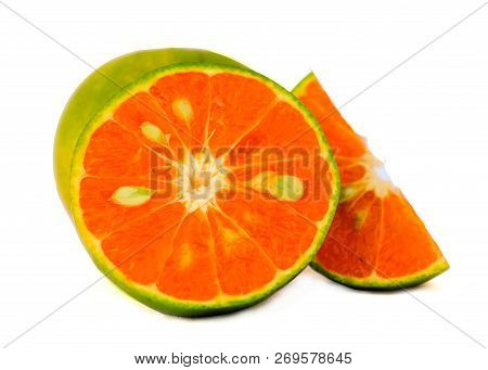 Lose Up Isolated Of Juicy Tangerine Orange Fruit Cleave On White Background With Clipping Path