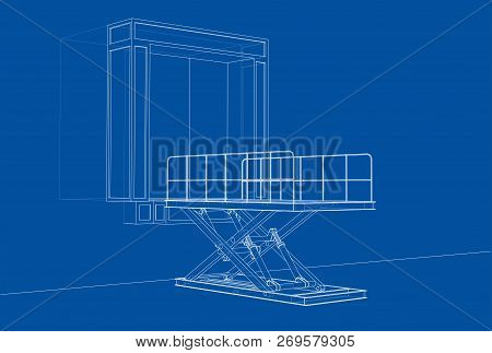 Dock Leveler Concept. Vector Rendering Of 3d. Wire-frame Style. The Layers Of Visible And Invisible 