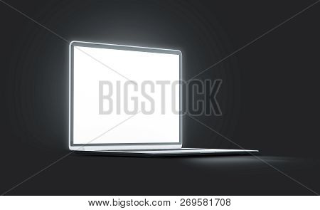 Blank White Luminous Laptop Screen Mockup, Side View, Isolated In Darkness, 3d Rendering. Empty Illu