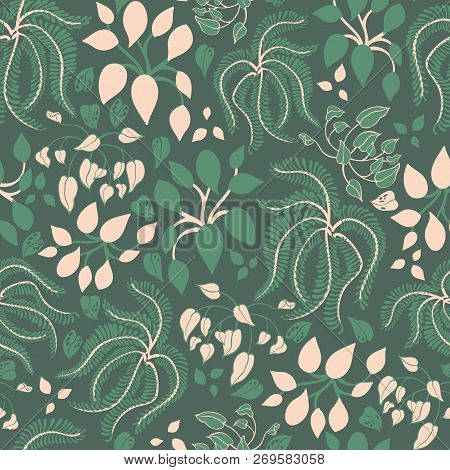 House Plants With Green Leaves On Dark Green Background Seamless Vector Pattern.