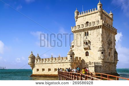 Lisbon, Portugal - October 02, 2014: Belem Tower, A Famous Masterpiece Of The Portuguese Gothic Styl