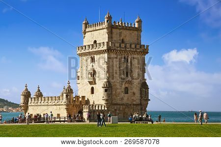 Lisbon, Portugal - October 02, 2014: Belem Tower, A Famous Masterpiece Of The Portuguese Gothic Styl