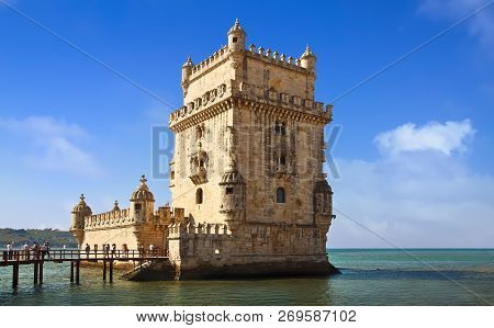 Lisbon, Portugal - October 02, 2014: Belem Tower, A Famous Masterpiece Of The Portuguese Gothic Styl
