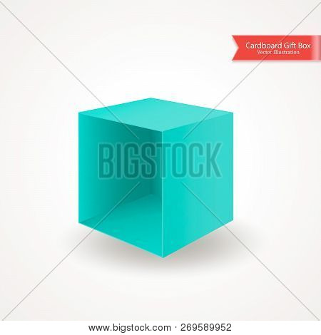 Single Open Empty Cardboard Green Blue Box Without Lid Or Cover. Packing Lying On Its Side. Object I