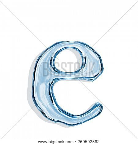Letter e from clear transparent bluish water droplets. Isolated on white background. 3d rendering.