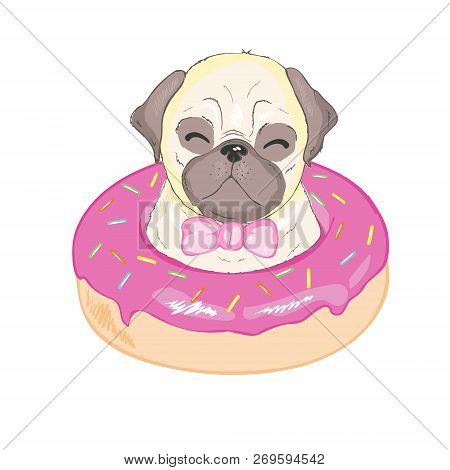 Cute Pug Dog Vector Flat Character With Red Tongue And Happy Face On A Blue Background