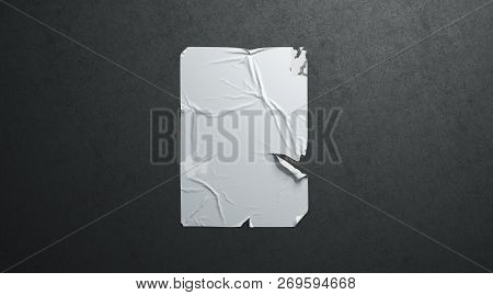 Blank White Wheatpaste Adhesive Torn Poster Mockup Black Textured Wall, 3d Rendering. Empty Vertical
