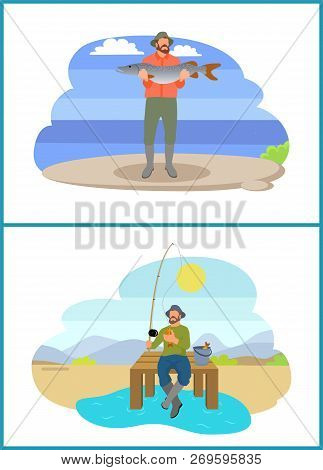 Fishing Fisherman On Platform And From Bank. Sitting And Standing Men With Fish-rod And Fish, Full B