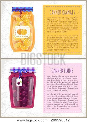 Canned Plums And Oranges In Glass Jar With Scrap Label. Home Cooking Preserved Fruits, Summer Conser