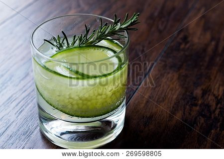 Rosemary Gin Gimlet Cocktail With Cucumber Slice.