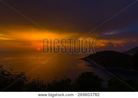 Beautiful Sunset Over The Ocean. Sunrise In The Sea , At Thailand