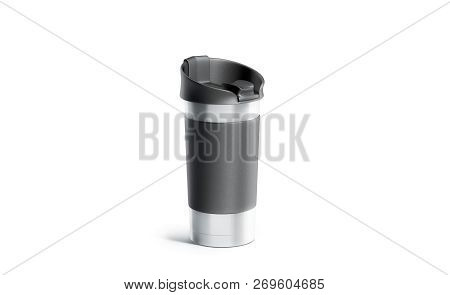 Blank Silver Travel Mug With Black Sleeve And Lid Mockup, Isolated, 3d Rendering. Empty Aluminum The