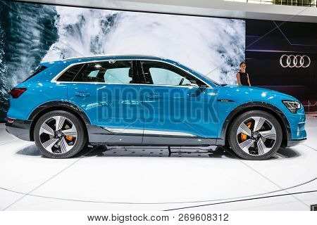 Paris - Oct 3, 2018: Audi E-tron First All-electric Suv Car Presented At The Paris Motor Show.