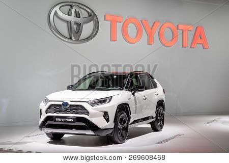 Paris - Oct 3, 2018: Toyota Rav4 Hybrid Car Showcased At The Paris Motor Show.