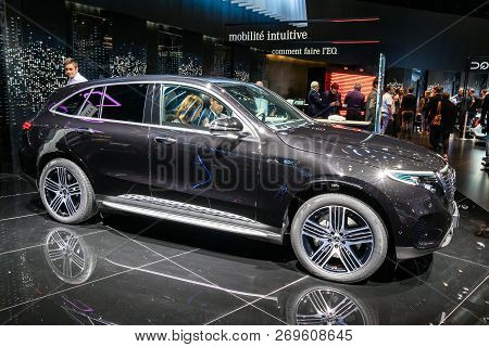 Paris - Oct 3, 2018: Mercedes Eqc 400 4matic Electric Suv Car Showcased At The Paris Motor Show.
