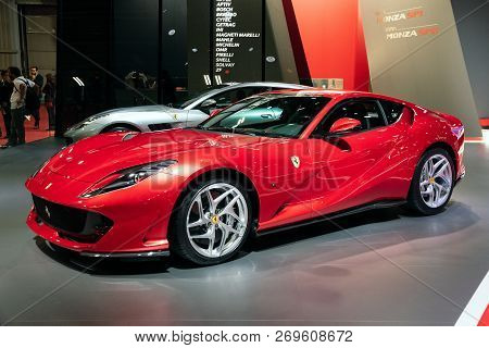 Paris - Oct 3, 2018: New 2019 Ferrari 812 Superfast Sports Car Showcased At The Paris Motor Show.