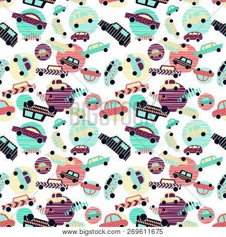 Polka Dot Seamless Pattern With Cars. Art Can Be Used Fow Backgrounds, Printing, Postcard.