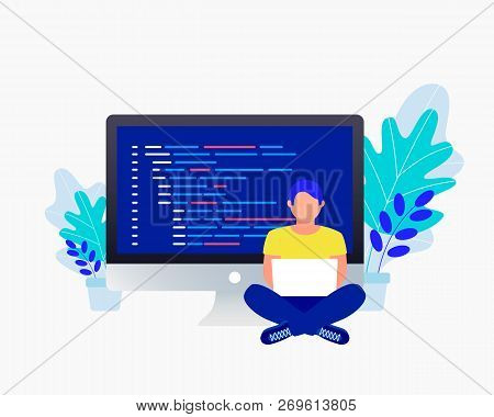 Programmer And Coding Concept. Man Sitting Near Big Laptop And Coding And Correct Errors In Project.