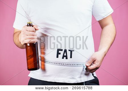 Overeating, Estrogen Level, Excess Food, Glutton, Alcohol Addiction, Junk Food. Fat Obese Man With B