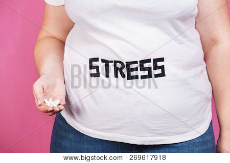 Stress, Mind Problems, Bulimia, Compulsive Overeating, Weight Gain. Overweight Woman With Sedative P