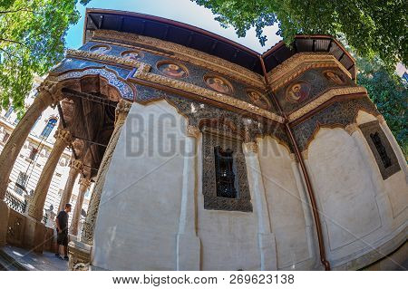 Bucharest, Romania - July 16, 2018: Stavropoleos Monastery, Founded In 1724 By The Greek Monk Ioanik