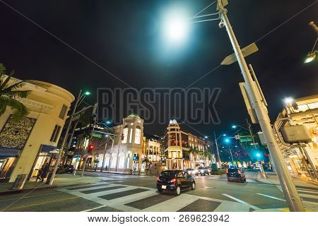 Rodeo Drive And Dayton Way Crossroad In Beverly Hills By Night. Los Angeles, California