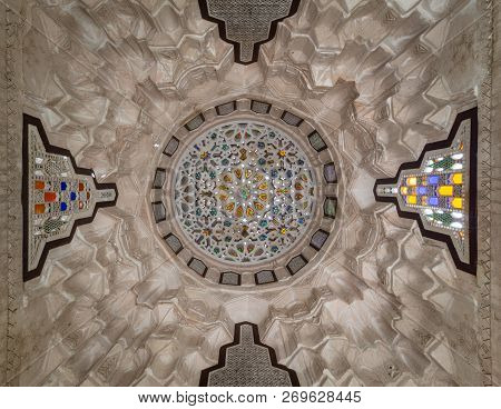 Cairo, Egypt - November 3 2018: Ottoman Era Carved Plaster Dome Decorated With Colored Glass Pieces 