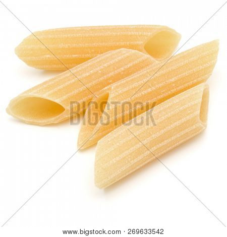 Italian pasta isolated on white background. Pennoni. Penne rigate.
