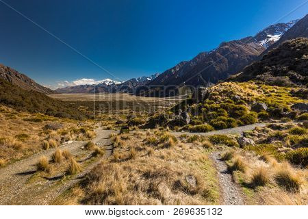 Blue Lakes and the mountains on the Tasman Valley Walk and Tasman Glacier View, South Island, New Zealand