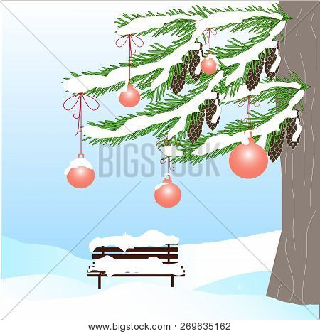 Romantic Winter Background With Green Fir Tree, Brown Cone, Bench, Red Ball, In White Snow On Blue S