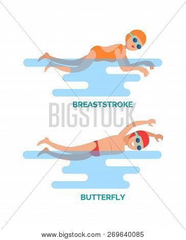 Breaststroke And Butterfly Styles Vector Set. Man And Woman Sportive People Swimming In Water. Profe