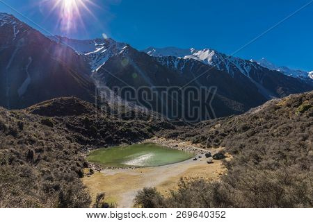 Blue Lakes and the mountains in the Tasman Valley Walk on the way to Tasman Glacier View, South Island, New Zealand