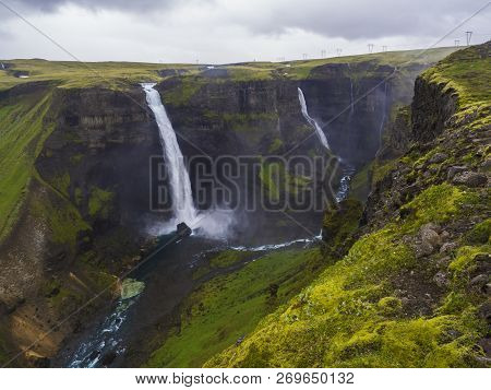 Valley Of River Fossa With Beautiful Haifoss Waterfall In South Iceland, Summer Moody Sky