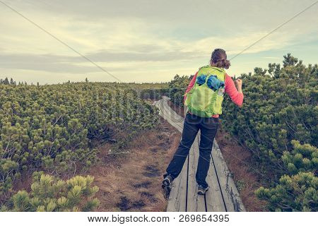 Female Hiker Dancing On Wooden Boardwalk Simply Enjoying The Nature.