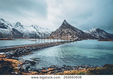 Fredvang Bridges in winter. Lofoten islands, Norway