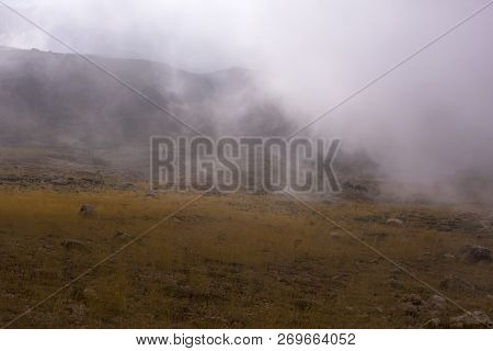 Mountains And Mist Of Lebanon Near Bcharre. Lebanon