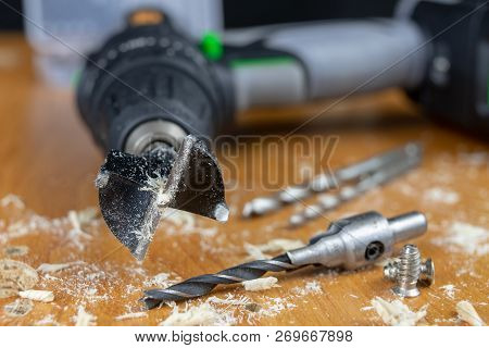 Installation Of Chipboard Furniture In A Carpentry Workshop. Accessories And Tools For Carpenters.
