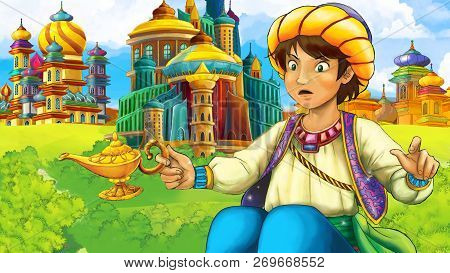 Cartoon Scene With Medieval Arabic Kingdom Prince Or King Traveling - Far East Ornaments - The Stage