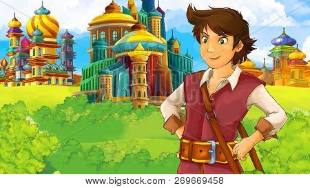 Cartoon Scene With Medieval Arabic Kingdom Prince Or King Traveling - Far East Ornaments - The Stage