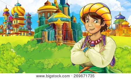 Cartoon Scene With Medieval Arabic Kingdom Prince Or King Traveling - Far East Ornaments - The Stage