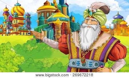 Cartoon Scene With Medieval Arabic Kingdom Prince Or King Traveling - Far East Ornaments - The Stage