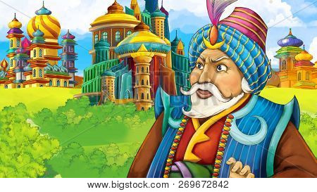 Cartoon Scene With Medieval Arabic Kingdom Prince Or King Traveling - Far East Ornaments - The Stage